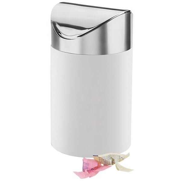 A white Cal-Mil round tabletop trash bin with a stainless steel swing lid.