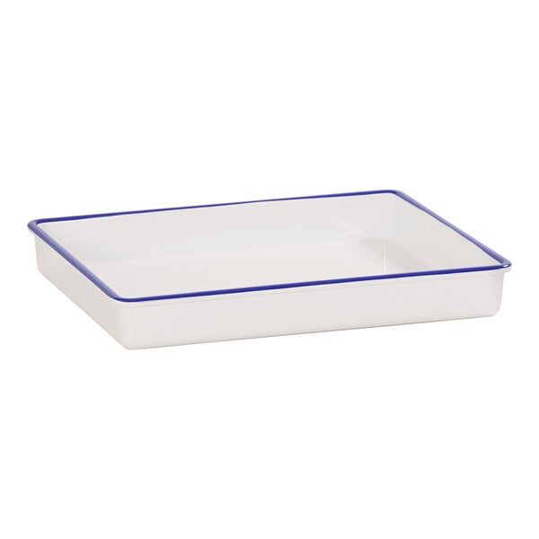 A white rectangular melamine tray with a blue rim.
