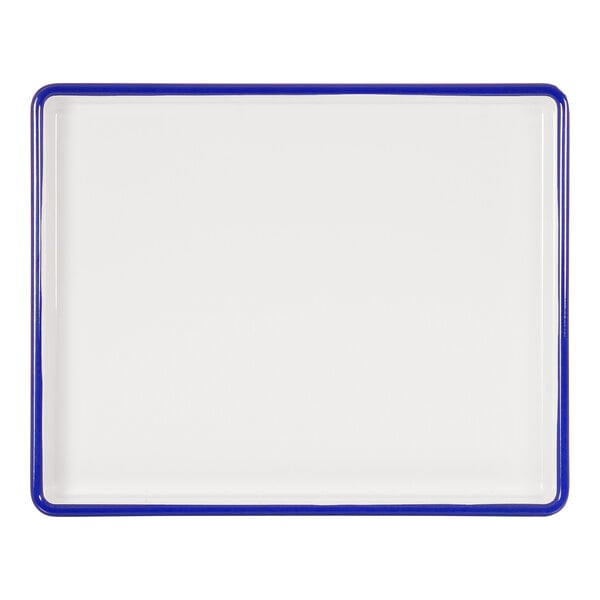 A white rectangular melamine tray with a blue rim.