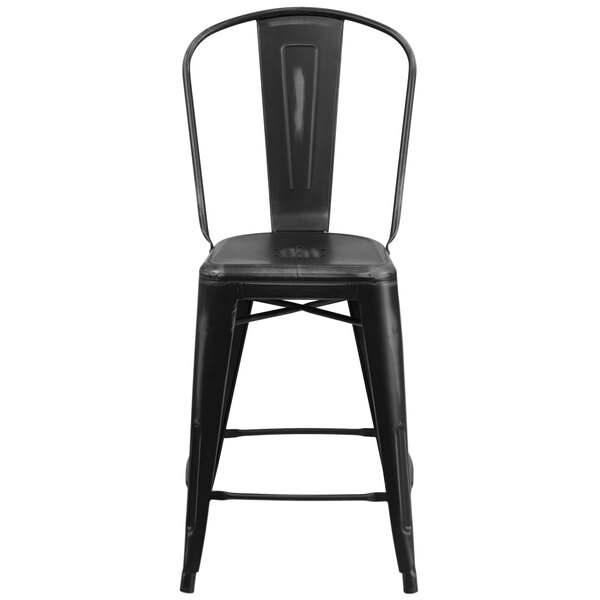 A Flash Furniture black metal counter height stool with a slat back and drain hole seat.