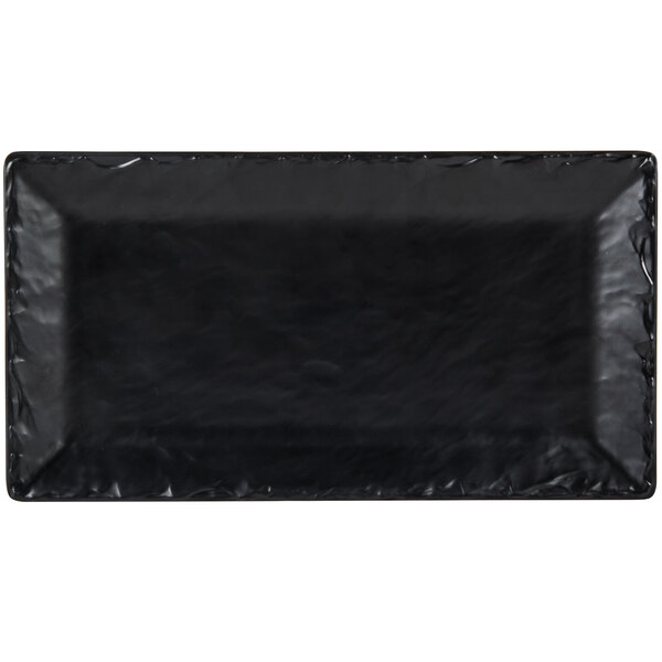 A black rectangular melamine platter with a raised rim.