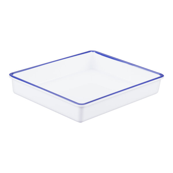 A white rectangular tray with a blue rim and deep sides.