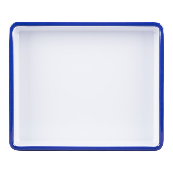 A rectangular white tray with a deep blue rim, viewed from above.