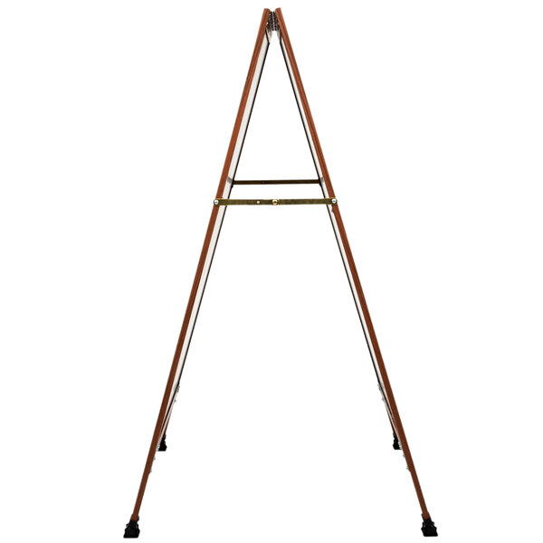 A cherry wood A-frame sign board with a black chalkboard.