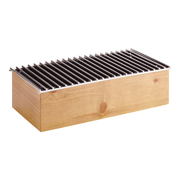 A wooden box with a metal grate on top, the Cal-Mil Madera Chafer Alternative.