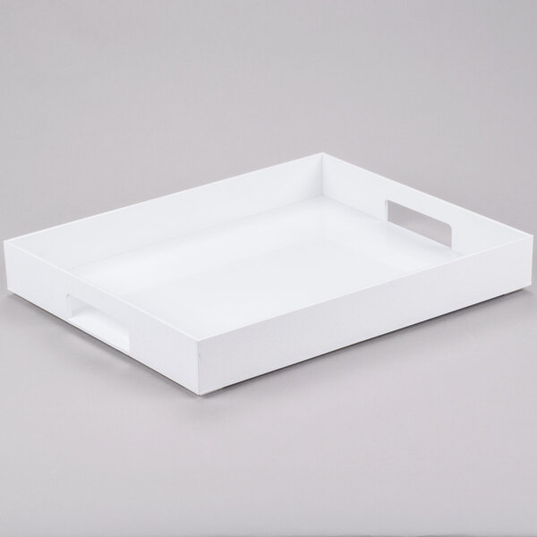 A white rectangular Cal-Mil plastic tray with handles.