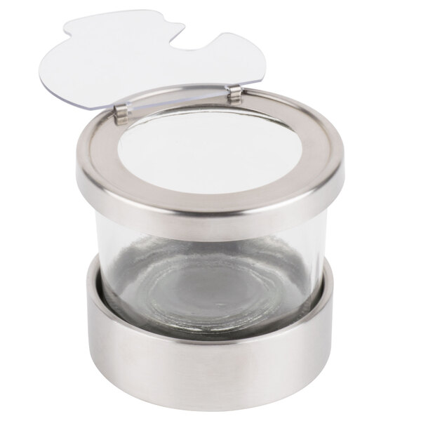A Cal-Mil chilled condiment organizer with notched lid on top of a clear container with a lid.