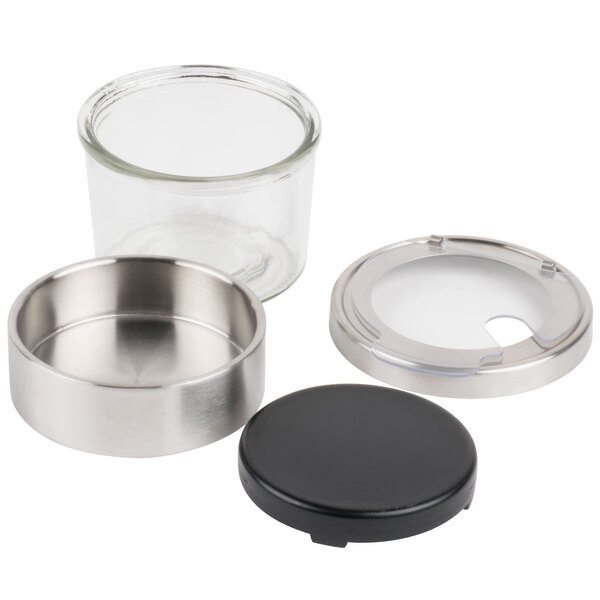 A group of Cal-Mil glass containers with silver notched lids.