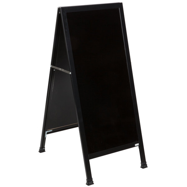An Aarco black aluminum A-Frame sign board with a black marker board on white background.