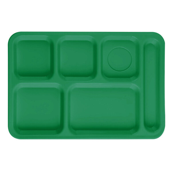 A Cambro kelly green rectangular tray with 6 compartments.