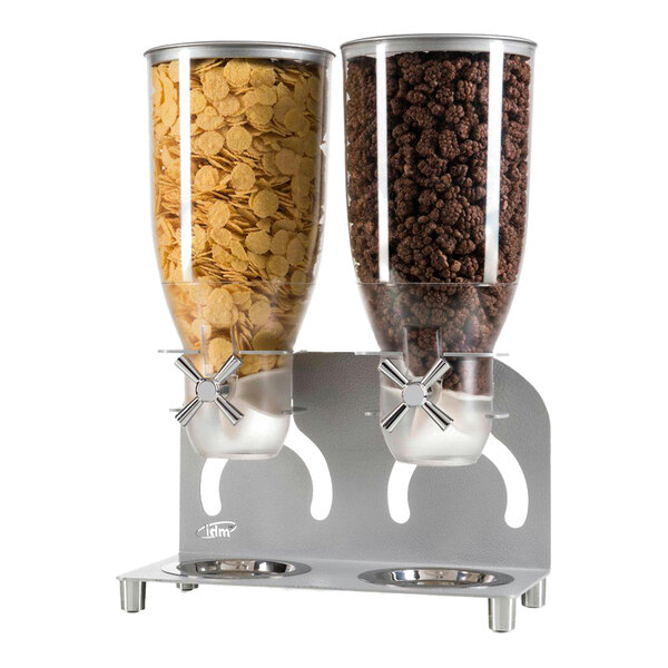 A white Cal-Mil double cereal dispenser filled with cereal and milk.
