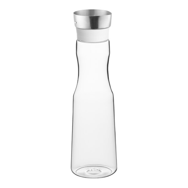 A clear polycarbonate carafe with a silver lid.