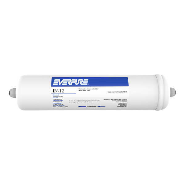 An Everpure IN-12 water filtration system cartridge with white and blue label.