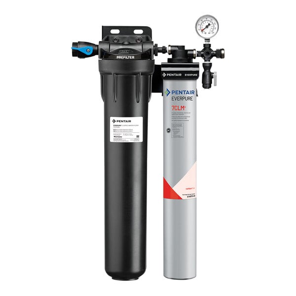 A black Everpure water filter for cold beverage equipment with a pressure gauge.