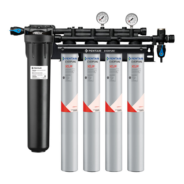 The Everpure Coldrink Water Filtration System with Pre-Filter, 4-XCLM+ Cartridges and 3 Cylindrical Filters with Red and White Labels.