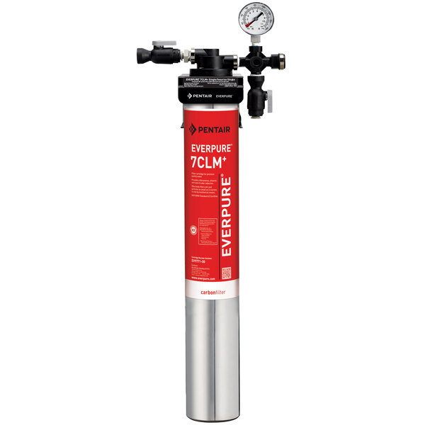 A silver Everpure water filtration system with a red label and gauge.