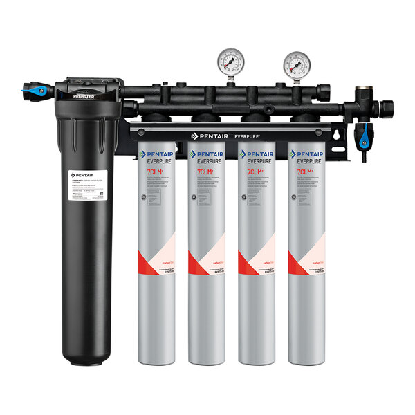 An Everpure water filtration system with black and silver filters.