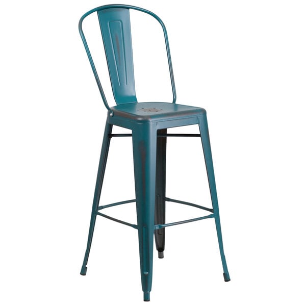 A blue metal bar stool with a vertical slat back.