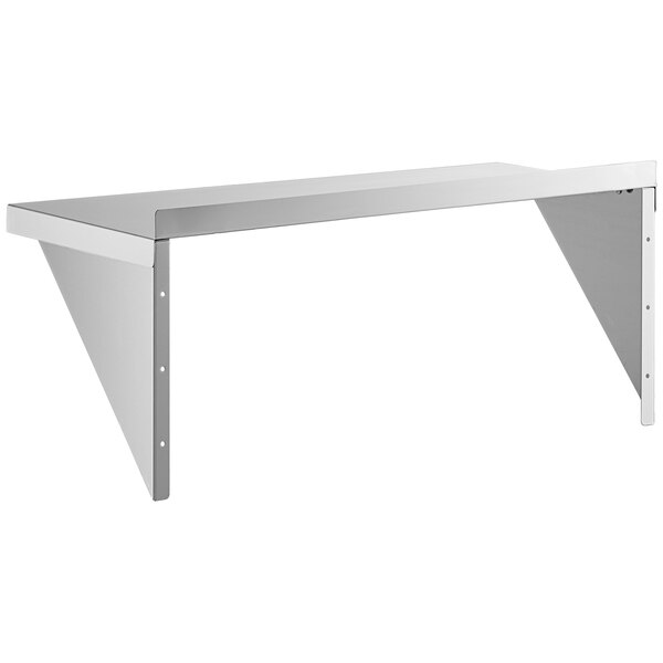A Regency stainless steel solid wall shelf with two metal brackets.