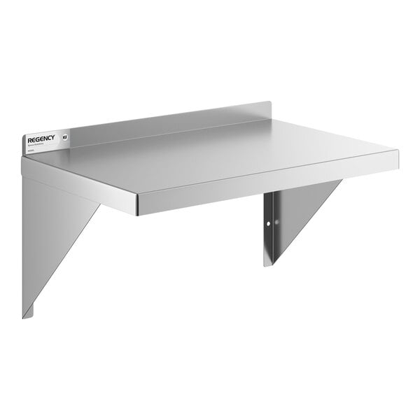 A stainless steel heavy-duty wall shelf with triangular supports and a backsplash.