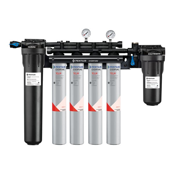 The Everpure High Flow CSR Quad-7CLM+ Water Filtration System box with three different filters.