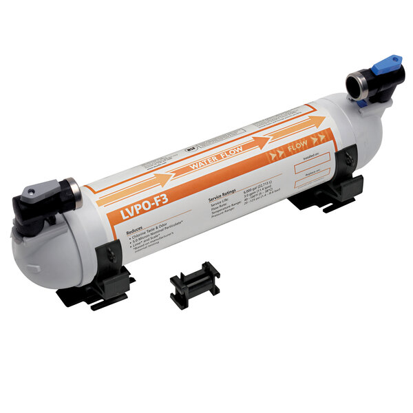 An Everpure water filtration system with white and orange parts and orange arrows.