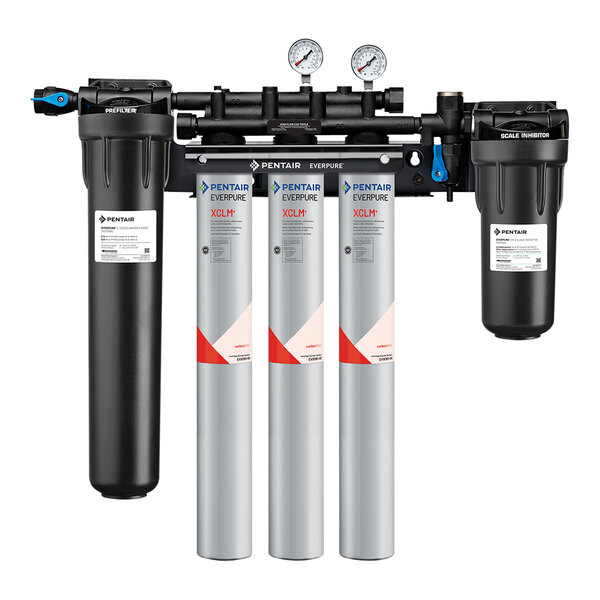 An Everpure water filtration system with three filters, including a pre-filter.