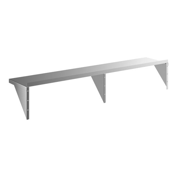 A stainless steel solid wall shelf with three support brackets.