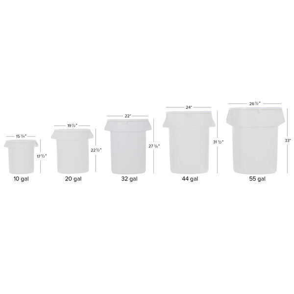 A row of green Continental 32 gallon round trash cans.