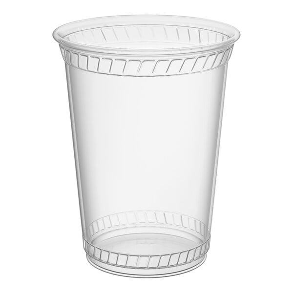 A clear, compostable plastic cold cup with a 16/18 oz. capacity.