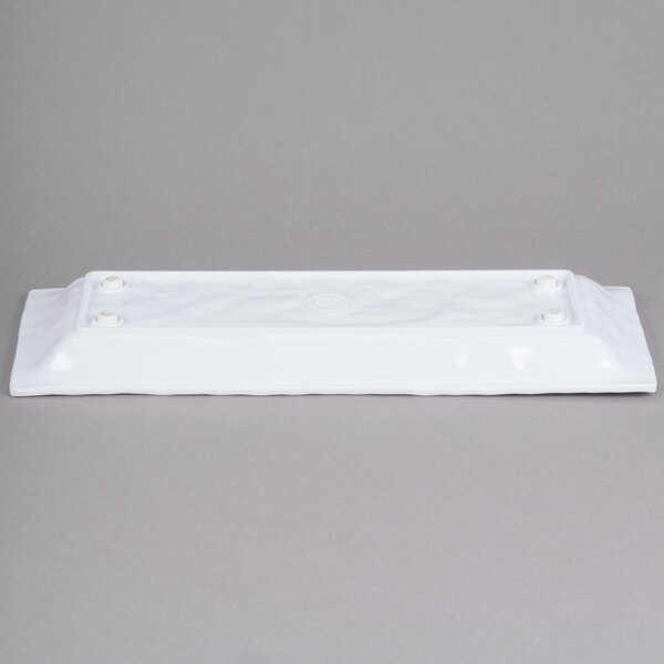 A white rectangular Elite Global Solutions melamine tray with a handle.