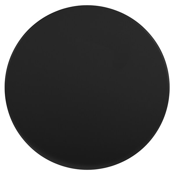 An Elite Global Solutions black melamine plate with a black circle on a white background.