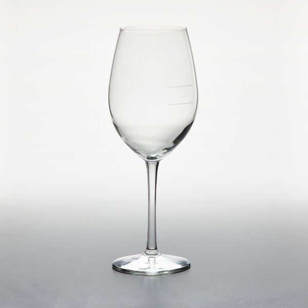A close-up of an empty Libbey Vina tall wine glass on a white background.