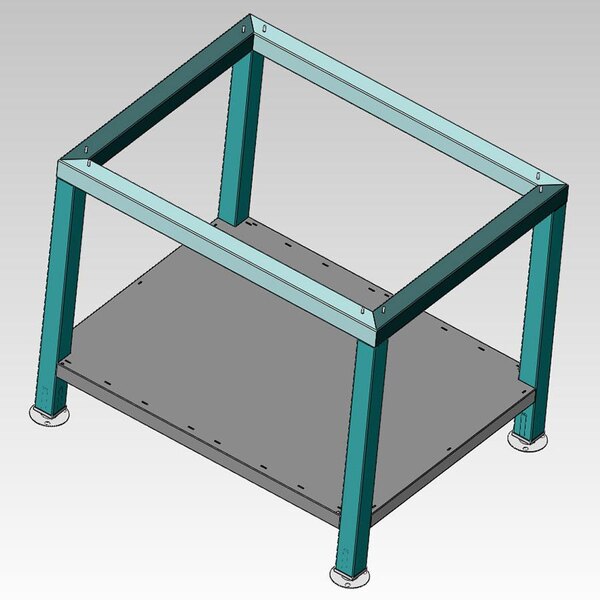 A blue and grey metal stand with a metal shelf.