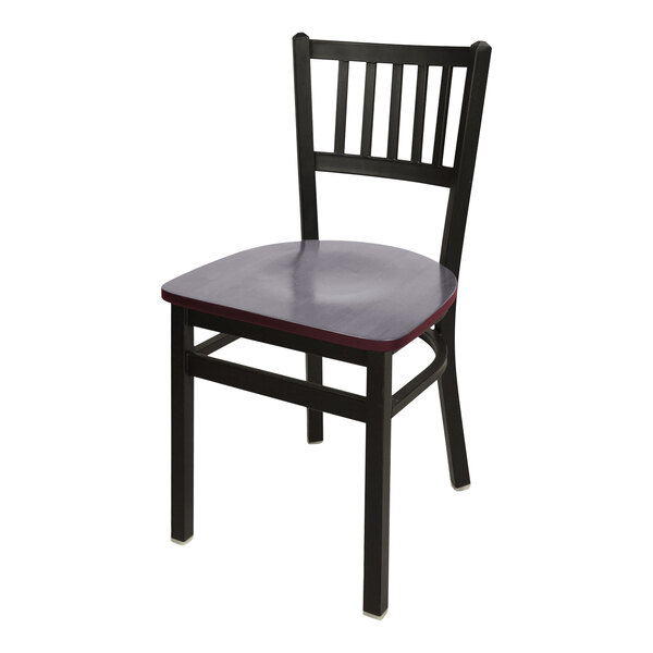 A black metal BFM Seating side chair with a mahogany seat.