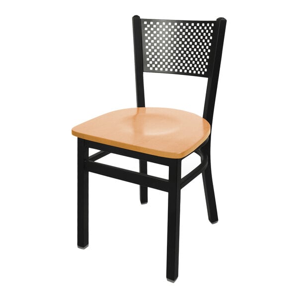 A BFM Seating black metal side chair with a cherry wood seat.