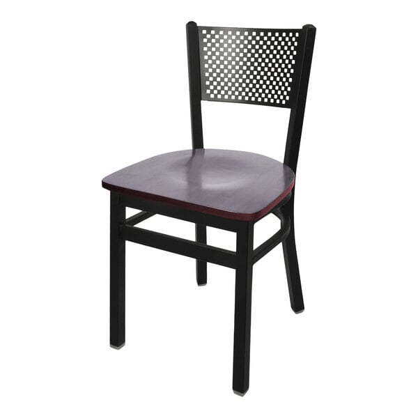 A black metal BFM Seating side chair with a mahogany seat.