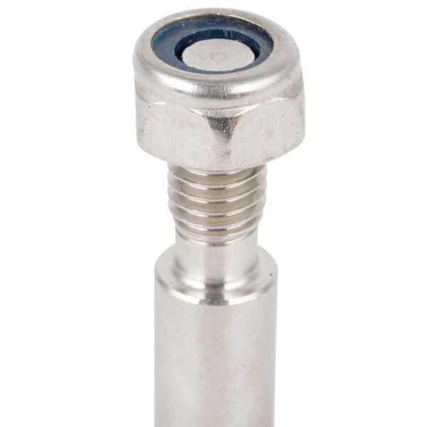 A stainless steel lock pin with a blue nut on the end.