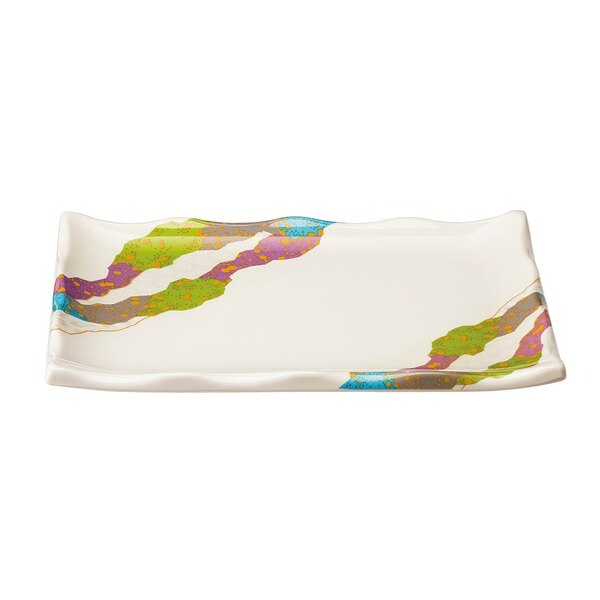 A white rectangular plate with colorful wavy edges.