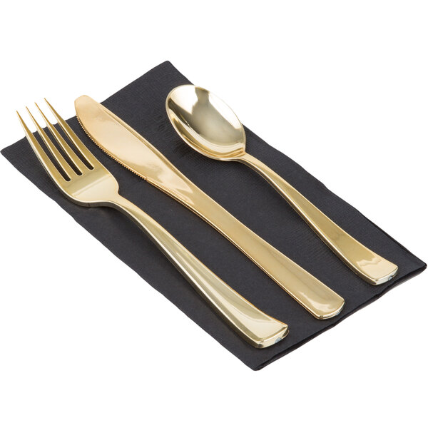 Visions Gold Heavy Weight Plastic Cutlery Set with Black Pocket Fold Napkin 50/Case