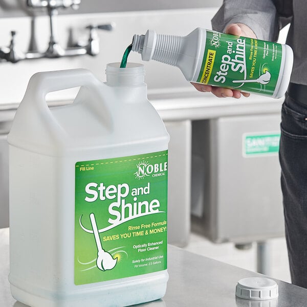 A white Noble Chemical container with a green label.