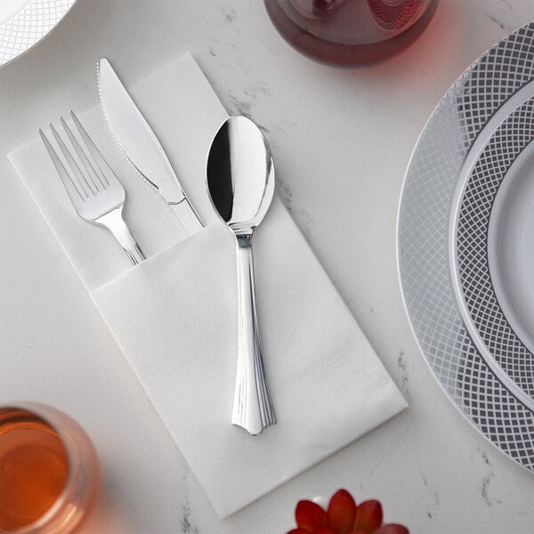 Visions 17 x 17 Pre-Rolled Linen-Feel White Napkin and Silver Heavy  Weight Plastic Cutlery Set - 100/Case