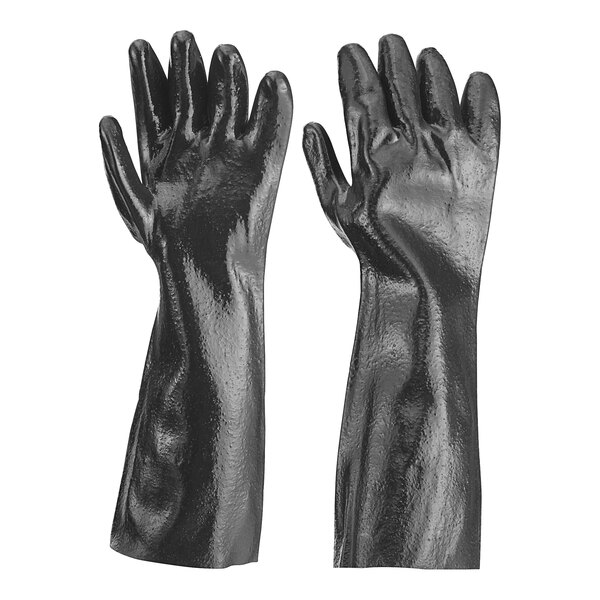 A pair of black San Jamar rubber gloves with jersey lining.