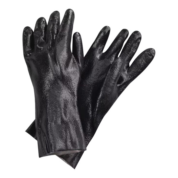 A pair of black PVC gloves with cotton lining, designed for industrial or kitchen use.