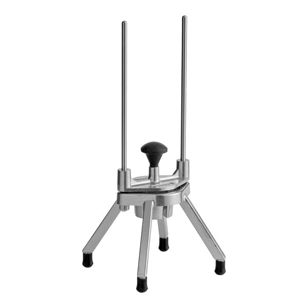 A metal fruit and vegetable wedge cutter with six sections, four legs, and two vertical guide rods.