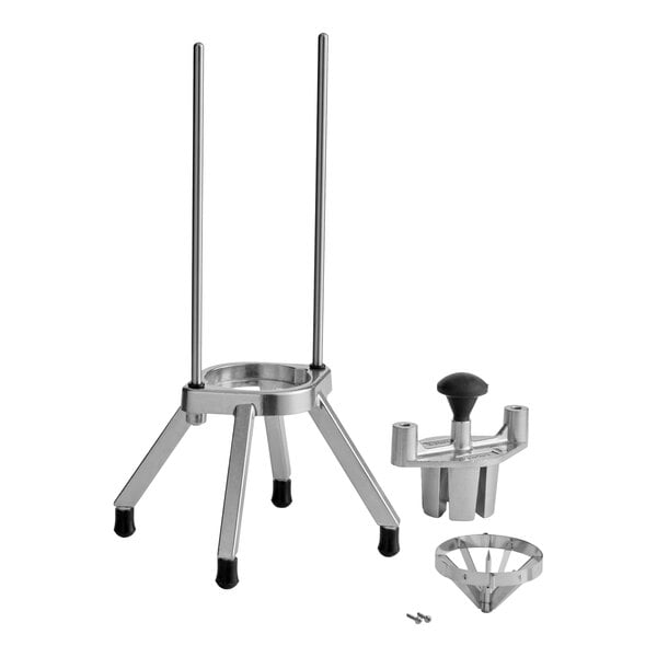 A metal 6-section fruit and vegetable wedge cutter with a stand and separate cutting components.