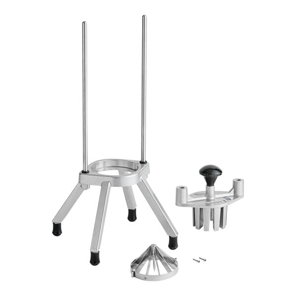 A metal 10-section fruit and vegetable wedge cutter with a stand and interchangeable cutting components.