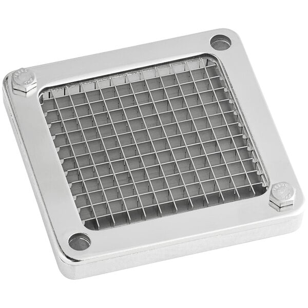 A silver metal square blade assembly with metal grids.