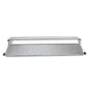 A white coated metal half shelf with a white border.