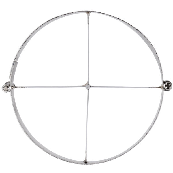 A metal circle with four lines and two holes in it.